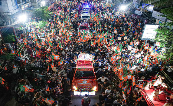 Saffron tsunami hits Guwahati when Union Home Minister Amit Shah joins poll campaign. 